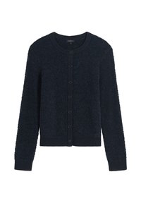 Cardigan blu navy realizzato in tessuto testurizzato, con collo rotondo, nove bottoni e polsini e orlo a coste.
