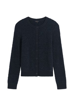 Cardigan blu navy realizzato in tessuto testurizzato, con collo rotondo, nove bottoni e polsini e orlo a coste.