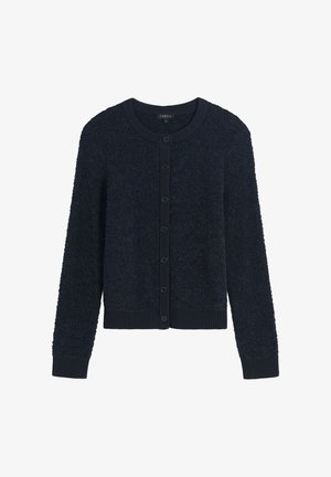 Cardigan blu navy realizzato in tessuto testurizzato, con collo rotondo, nove bottoni e polsini e orlo a coste.