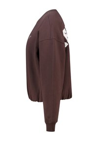 Brown sweatshirt with a crew neck, long sleeves, elastic cuffs, and a white logo detail on the side. Soft fabric with a relaxed fit.