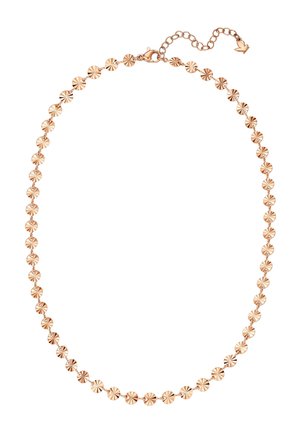Collar de oro rosa con discos redondos y texturizados unidos por pequeños conectores, con cierre de langosta y cadena ajustable con colgante de pájaro.