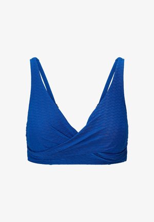 Blau strukturiertes Bikinioberteil mit Wickeldesign und breiten Trägern, mit glatter Oberfläche und einem dezenten Rautenmuster überall.