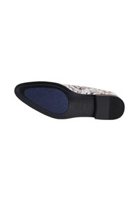 Shoe sole featuring a textured blue rubber surface, black side edges, and a patterned upper with geometric designs in gray, orange, and white.
