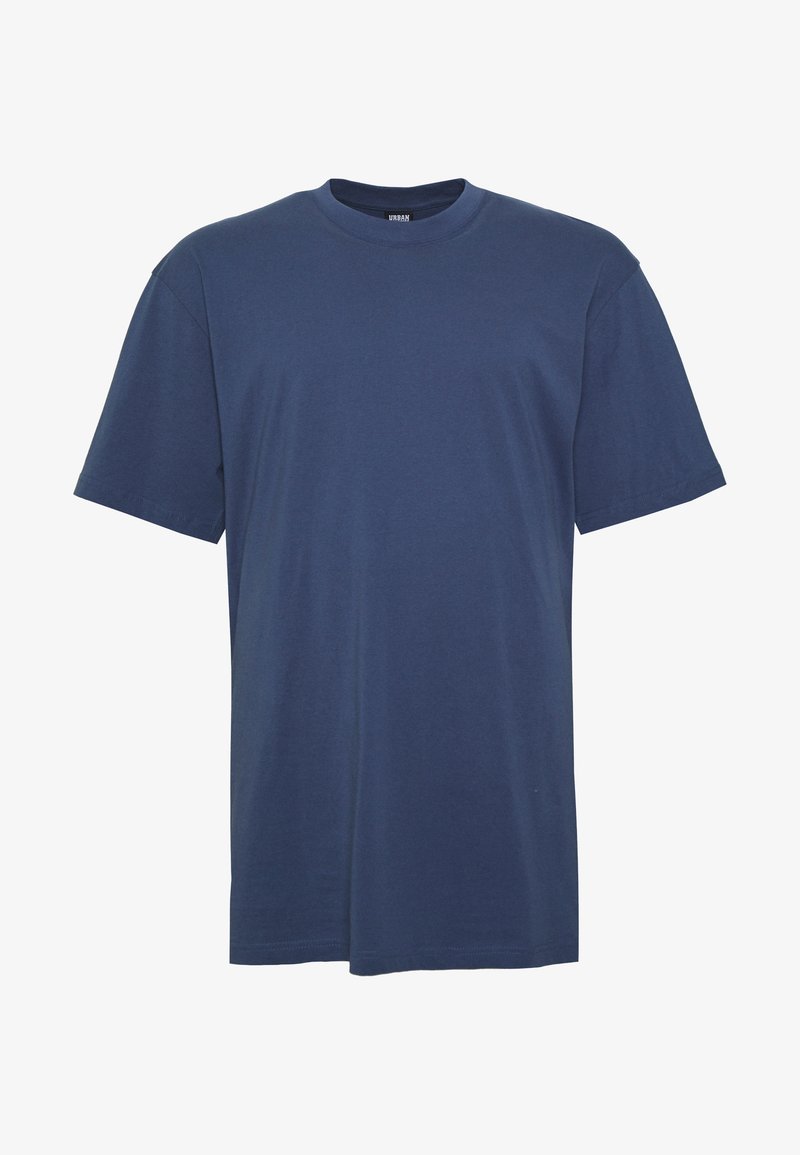 T-shirt en coton bleu marine avec un décolleté rond et des manches courtes ; couleur unie, sans motifs ni embellissements visibles.