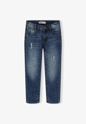 Blugi din denim de culoare albastru închis, cu accente uzate, un design clasic cu cinci buzunare, țesătură texturată, croială dreaptă și închidere frontală cu nasture.