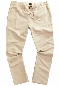 Beige katoenmengsel broek met een elastische tailleband, trekkoord en voorzakken. Heeft een knoopsluiting en rechte pijpen.