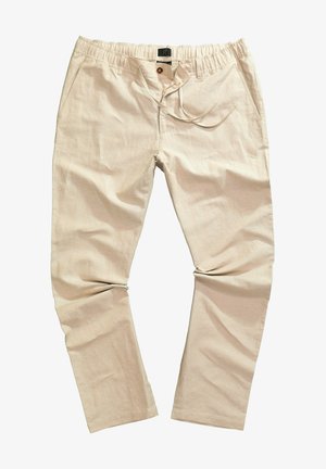 Beige Baumwollmischungshose mit elastischem Bund, Kordelzug und Fronttaschen. Mit Knopfverschluss und gerade geschnittenen Beinen.