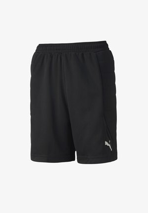 Schwarze Sportshorts aus leichtem Stoff, mit einem elastischen Bund und seitlichen Taschen. Enthält ein silbernes Logo am Unterschenkel.