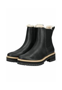 Botines de cuero negro con paneles elásticos laterales, interior de piel sintética blanca y suela de goma texturizada, con un borde decorativo cosido.