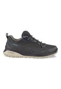 Scarpa da trekking impermeabile di colore grigio scuro con tomaia in mesh testurizzato, intersuola in grigio chiaro a contrasto e suola esterna in gomma resistente con motivo antiscivolo.