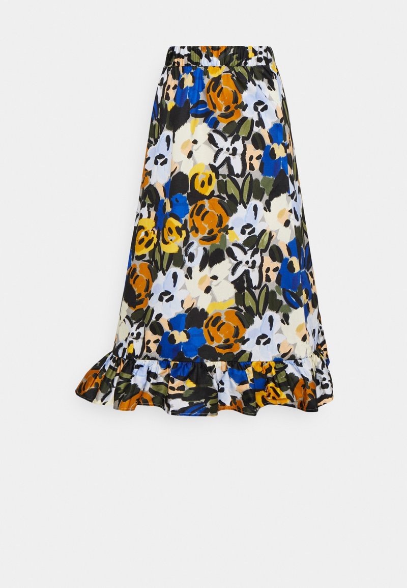 Jupe midi à motifs floraux en tissu multicolore avec une taille élastique et un ourlet volanté. Présente de grandes fleurs bleu, orange et vert.