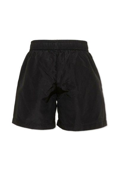Shorts neri a vestibilità ampia con elastico in vita e tessuto liscio leggermente lucido, mostrati da dietro su sfondo bianco.
