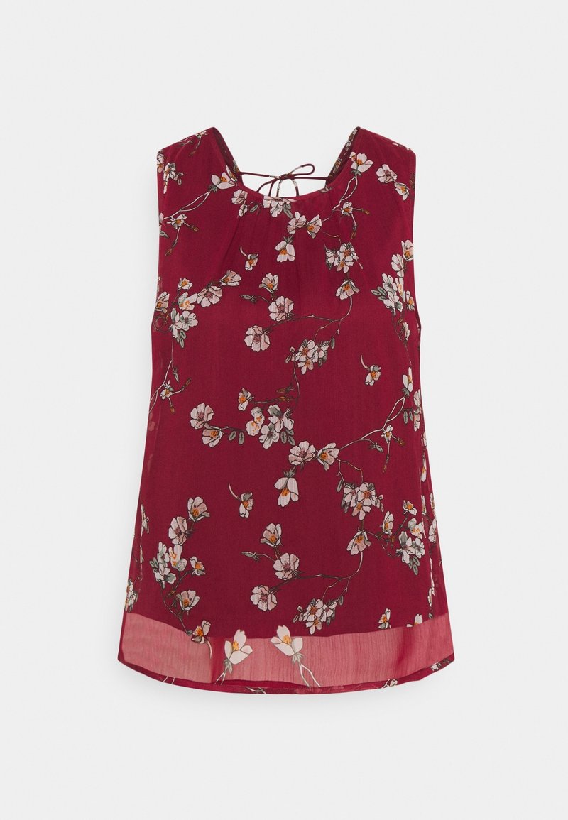 Top sin mangas burdeos con patrón floral, tela ligera, escote redondo con detalles fruncidos y un dobladillo transparente.