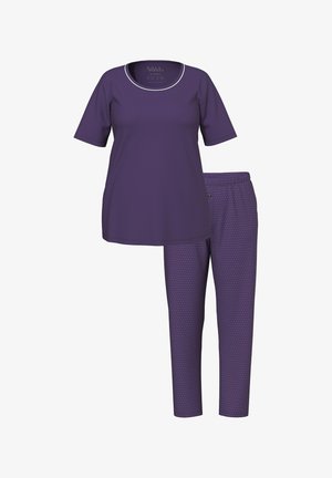 Lilla loungewear sæt med en kortærmet top med en hvid halsudskæring og matchende bukser med et prikket mønster. Blødt stof, afslappet pasform.