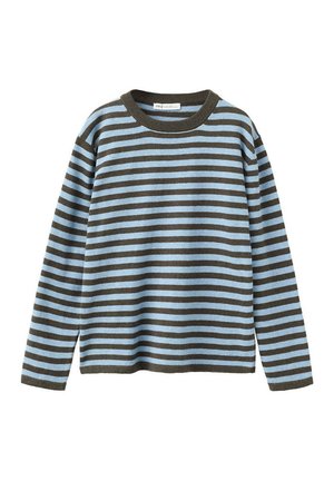 Pull en tricot à manches longues avec des rayures horizontales marron et bleu clair et un col rond.