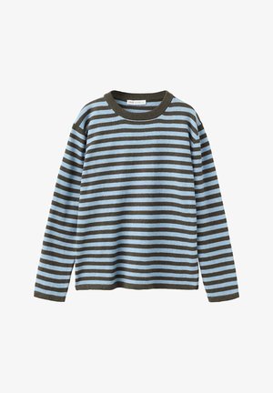 Pull en tricot à manches longues avec des rayures horizontales marron et bleu clair et un col rond.