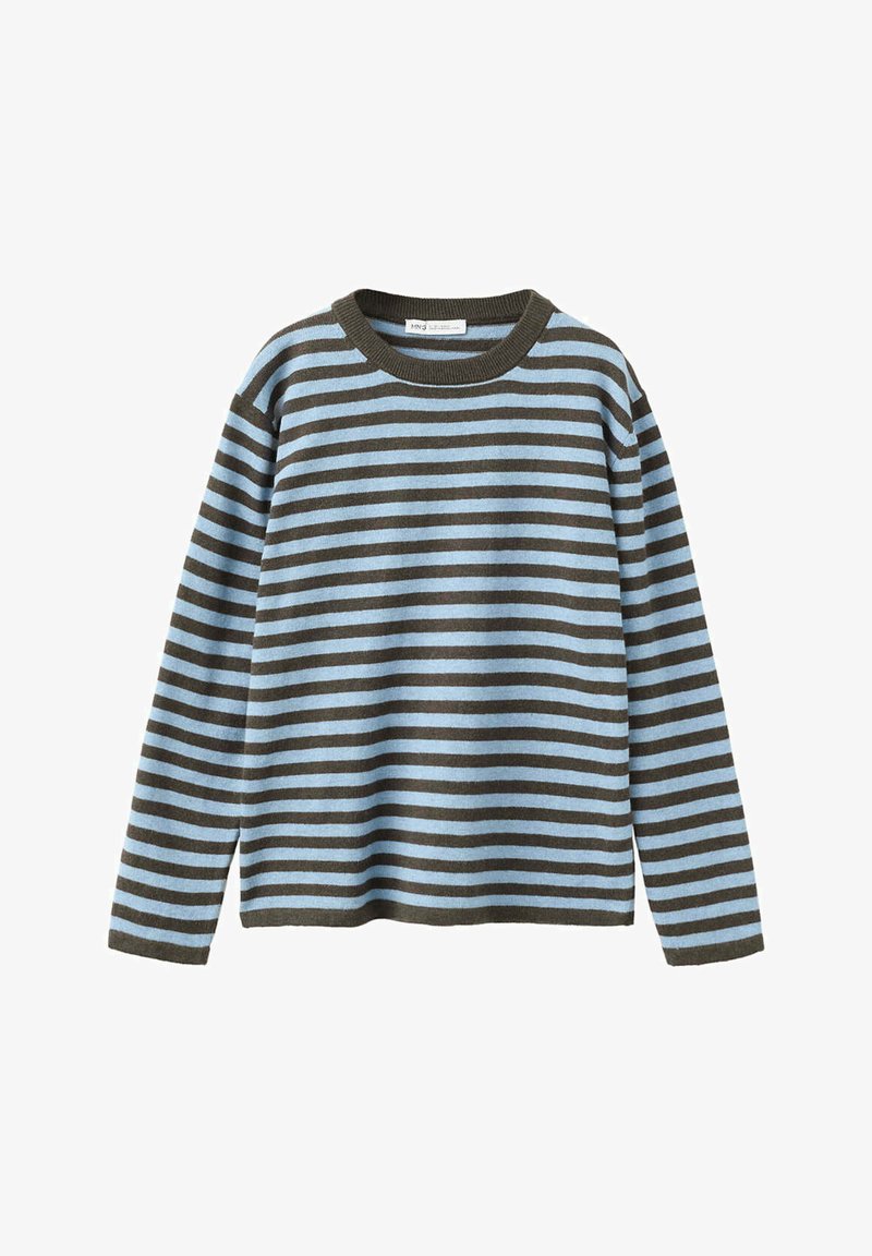 Pull en tricot à manches longues avec des rayures horizontales marron et bleu clair et un col rond.