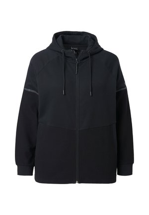 Sweat à capuche zippé noir avec un mélange de tissu lisse et texturé, capuche avec cordon de serrage ajustable et accents réfléchissants sur les épaules.