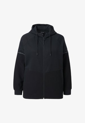 Black zip-up hoodie featuring a blend of smooth and textured fabric, adjustable drawstring hood, and reflective accents on the shoulders.