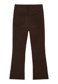 Pantalons évasés en coton mélangé de couleur marron. Dotés d'une taille ajustée, de poches standards et d'une texture lisse avec des coutures renforcées.
