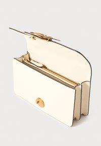 White leather clutch with gold hardware, a zipper compartment, and a smooth texture. Features a curved flap and contrasting edges.