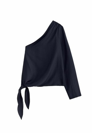 Tamsiai mėlyna tamsiai mėlyna palaidinė ant vieno peties su ilgomis rankovėmis ir surišta mazgu viename šono krašte.