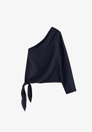 Tumesinine ühe õlaga pluus, millel on pikk varrukas ja sõlme detail ühe külje allääres.