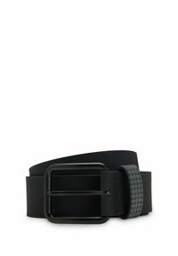 Schwarzer Leder-Gürtel mit einer quadratischen schwarzen Metall-Schnalle und einem strukturierten grauen Stoffakzent an der Verschlussstelle. Glatte Oberfläche, 3,5 cm breit.