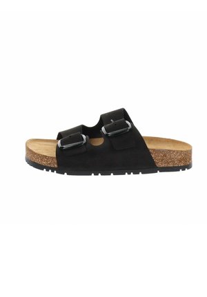 Sandale noire à enfiler avec semelle en liège et deux brides ajustables avec des boucles argentées, vue de profil sur fond blanc.