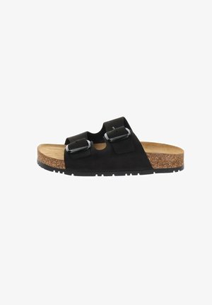 Sandale noire à enfiler avec semelle en liège et deux brides ajustables avec des boucles argentées, vue de profil sur fond blanc.