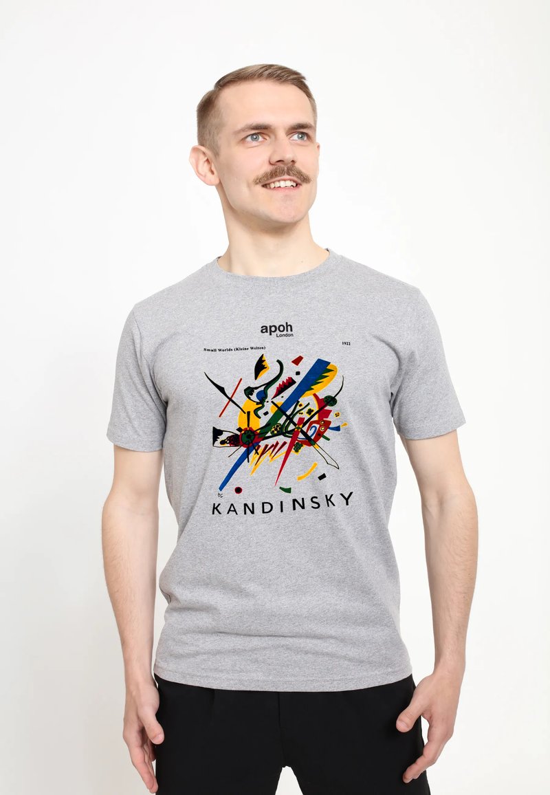 Šedé bavlněné tričko s abstraktním barevným grafickým designem a logem s textem. Krátké rukávy a kulatý výstřih.