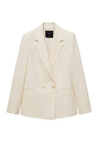 Blazer croisé couleur crème avec un revers cranté, deux poches avant, des boutons mats et une silhouette structurée. Texture lisse.