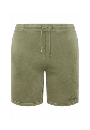 Olivgrüne Freizeitsshorts mit Kordelzug in der Taille und kleinem gesticktem Logo am unteren linken Bein.