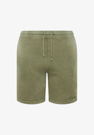 Olive green casual szorty z ściągaczem w pasie i małym haftowanym logo na dolnej części lewej nogawki.