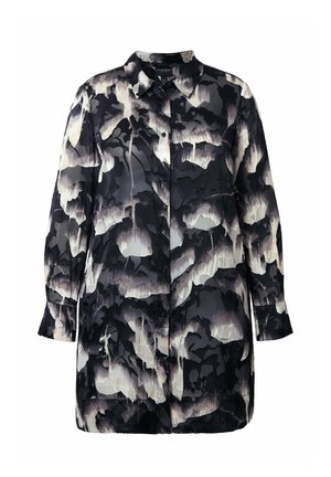 Overhemd met lange mouwen en knopen, met een abstract camouflagepatroon in zwart, wit en grijs en een klassieke kraag.