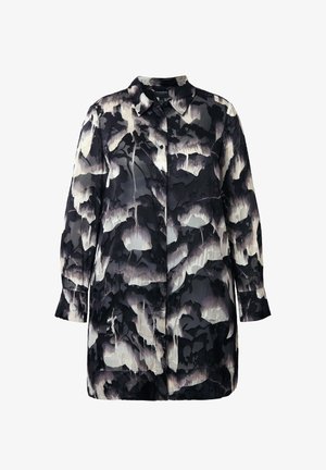 Camicia a maniche lunghe con bottoni, motivo mimetico astratto in nero, bianco e grigio e colletto classico.