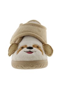 Pantofole beige con una texture pelosa, caratterizzate da un design con faccia di cane e orecchie pendenti, superiore in tessuto morbido e suola in gomma beige.