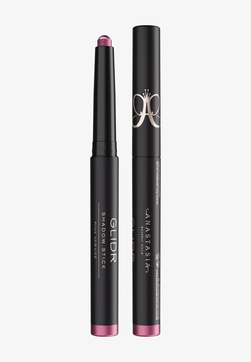 Stylo ombre à paupières Glidr d'Anastasia Beverly Hills en Pink Mirage avec un boîtier cylindrique noir, l'un ouvert montrant un fard à paupières rose irisé.