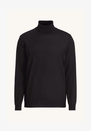 Pullover a collo alto di colore nero realizzato in tessuto lavorato a maglia. Presenta maniche lunghe e un colletto a coste ben aderente. Texture liscia senza motivi.