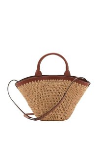 Woven straw handbag in tan with a brown synthetic leather trim, featuring two short handles and a long adjustable strap.