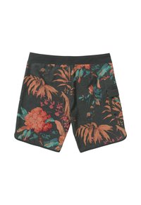 Bloemige zwembroek met een donkere achtergrond en tropische plantpatronen in oranje, teal en roze. Inclusief een zijzak en een elastische tailleband.