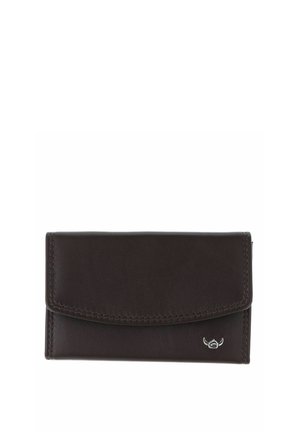 Dark brown leather wallet with curved flap and small silver logo on the bottom right corner, isolated on white background.