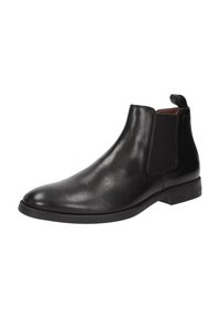 Bottine Chelsea en cuir noir avec panneaux élastiques sur les côtés et tirette, dotée d'une finition lisse et d'un petit talon empilé.