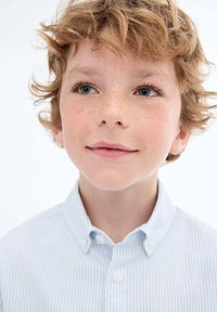 Cămașă cu dungi albastre deschise și albe, cu butoni, mâneci lungi și guler. Băiat cu păr ondulat de culoare castanie deschisă și pistrui.