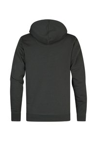 Sudadera con capucha gris oscuro, de manga larga, textura suave, puños y dobladillo acanalados, y un diseño trasero simple y liso.