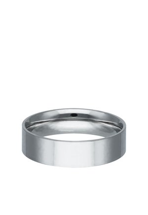 Silver-colored polished metal ring with a smooth, flat surface and simple design on a white background.