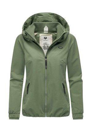 Zielona kurtka z kapturem, wykonana z lekkiego materiału. Posiada zamek błyskawiczny z przodu, dwie boczne kieszenie, elastyczne mankiety oraz detal z logo na piersi.