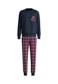 Marineblauw shirt met lange mouwen en een zak, gecombineerd met rode en marineblauwe geruite broek. De broek heeft elastische boorden en heeft een ruitpatroon.