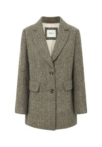 Żakiet z mieszanki wełny w deseń rybiej ości w odcieniach ziemi, z wykładanym kołnierzem, dwoma przednimi kieszeniami i zapięciem na jeden guzik.