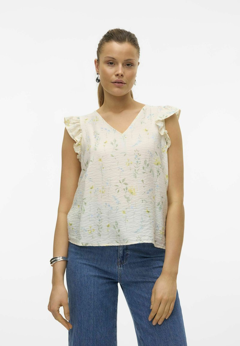 Vero Moda Vestido Corto Vmeasy SS WVN Ga Para Mujer, Blanco Como La Nieve/AOP:Fia, S